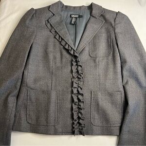 DKNY gray‎ wool blazer poly lined peplum sleeve snap ruffle front women's 8